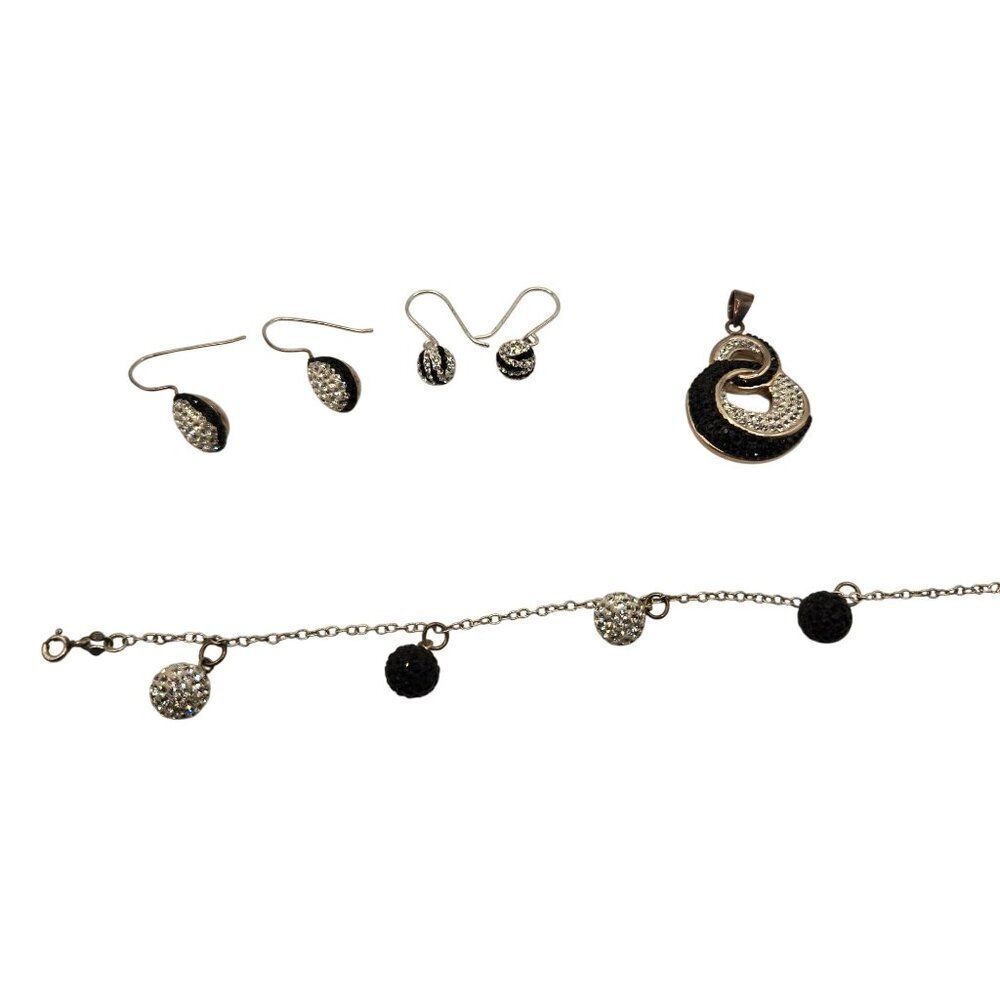 Sterling Silver 925 Black White Crystal Necklace Pendant Bracelet Earrings Lot